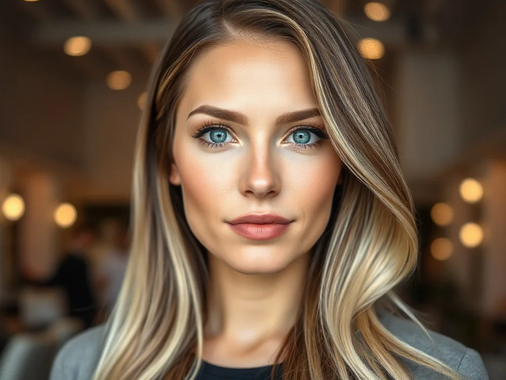 Kobieta z modnym efektem ciemnych odrostów przy blond włosach w profesjonalnym salonie fryzjerskim.