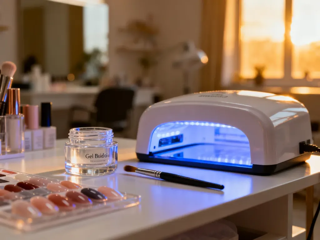 Stanowisko do manicure z żelem budującym, pędzelkiem i lampą UV, gotowe do profesjonalnego przedłużania paznokci.