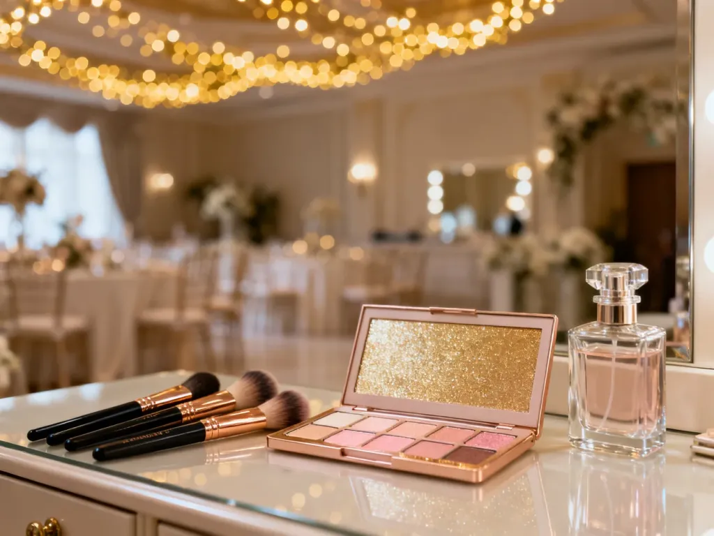 Elegancki zestaw pędzli, paleta cieni i perfumy na tle rozmytej sali weselnej, idealne jako inspiracja makijażu dla gościa.