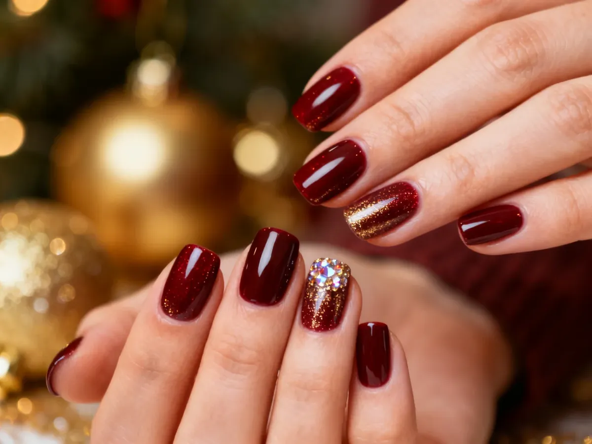 Burgundowe cherry cola nails ze złotymi drobinkami