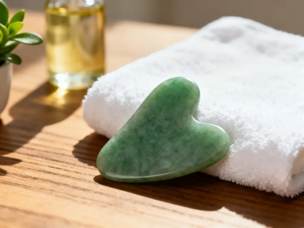 Jadeitowy kamień gua sha w kształcie serca na białym ręczniku, obok olejku do twarzy w domowym spa.