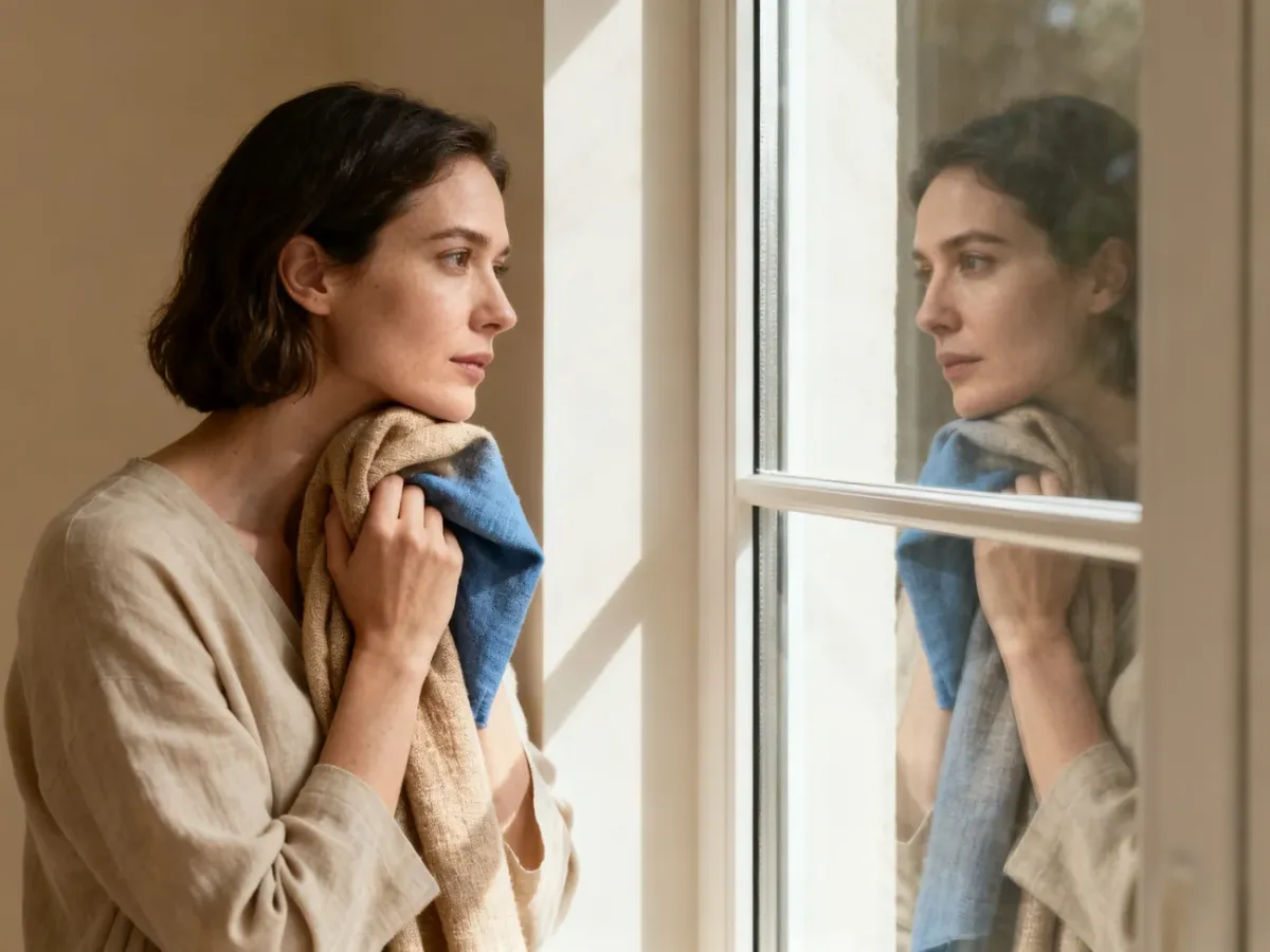 Woman comparing warm and cool fabrics during a home color analysis