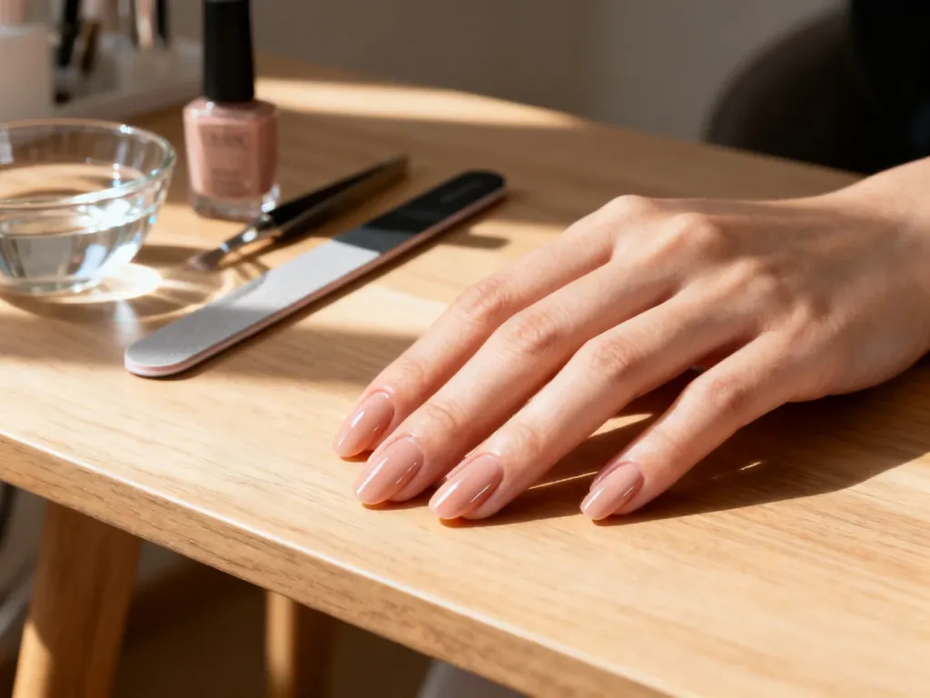 Zadbana dłoń z idealnie wykonanym manicure żelowym w odcieniu nude na tle profesjonalnych akcesoriów kosmetycznych.