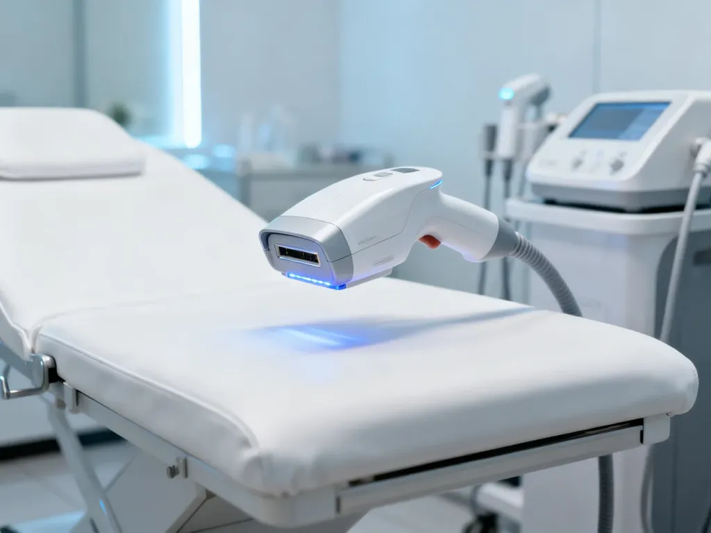 Nowoczesna głowica lasera do depilacji nad białym łóżkiem zabiegowym w profesjonalnym gabinecie medycyny estetycznej.