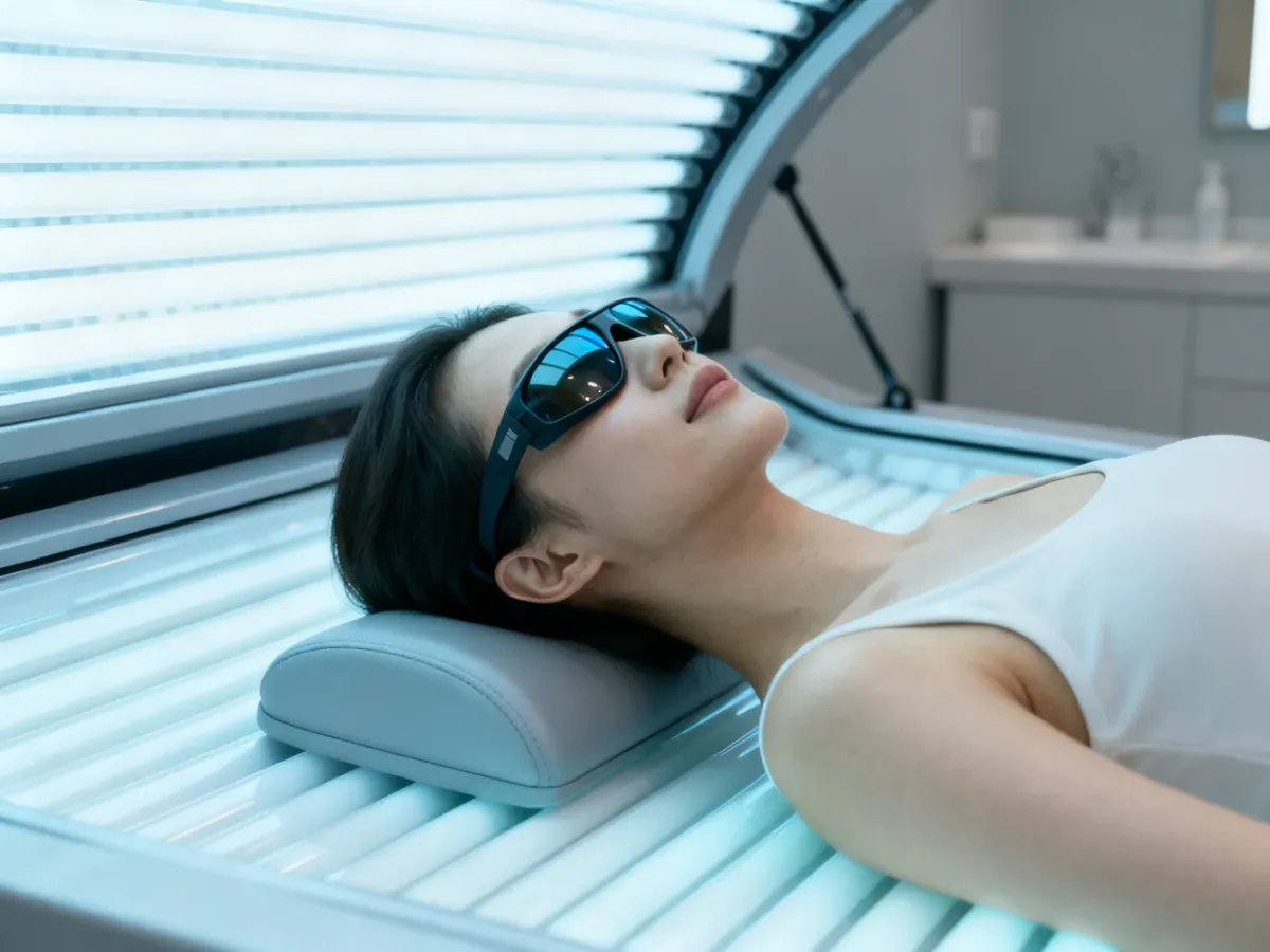 Osoba korzystająca z solarium w okularach ochronnych