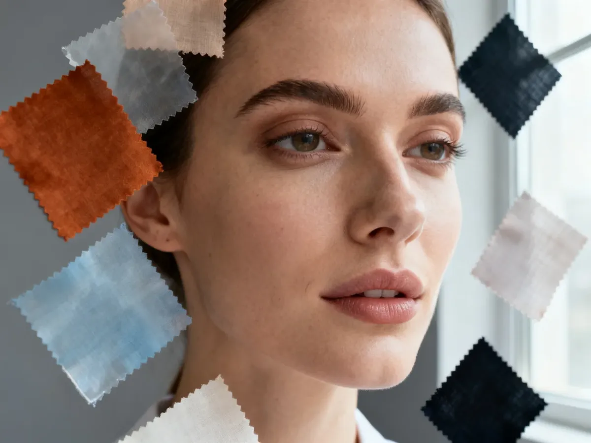 Color draping fabrics representing different color attributes around a woman’s face