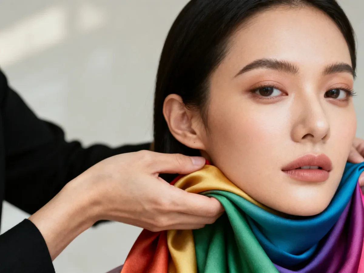 Stylist comparing colored fabric drapes beneath a client’s face