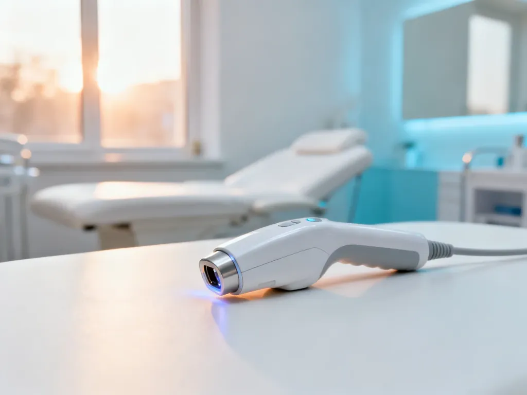 Głowica nowoczesnego lasera medycznego w profesjonalnym gabinecie kosmetycznym przygotowana do zabiegu depilacji.