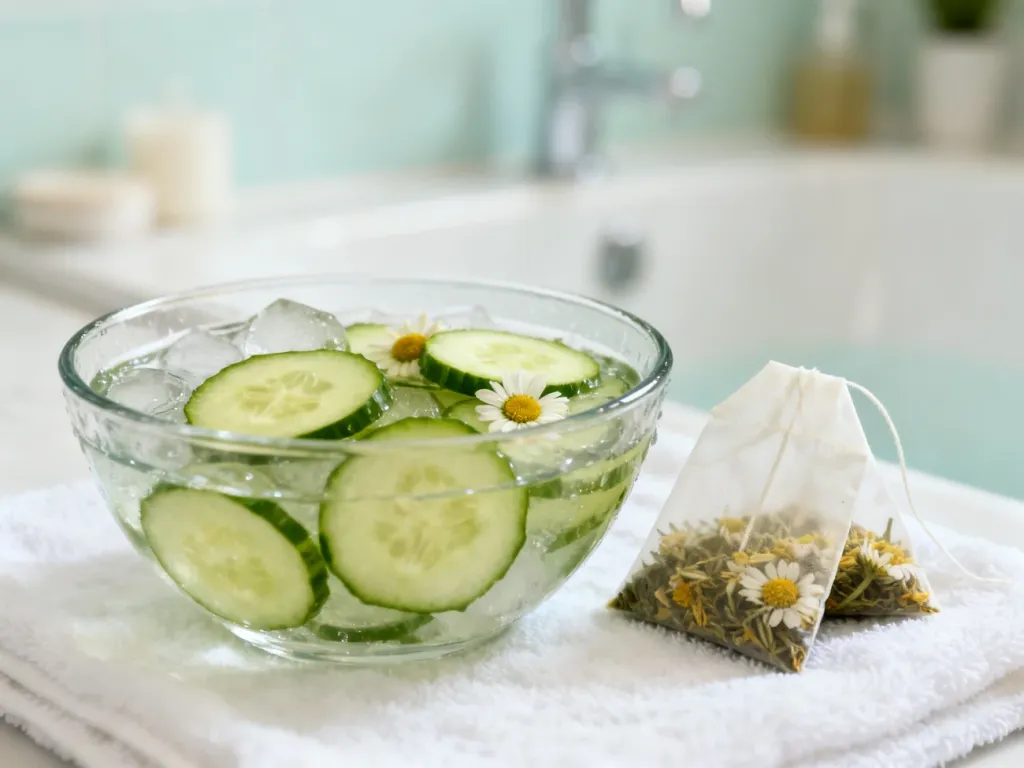 Plastry ogórka i torebki rumianku na białym ręczniku, symbolizujące naturalne sposoby łagodzenia podrażnień oczu.