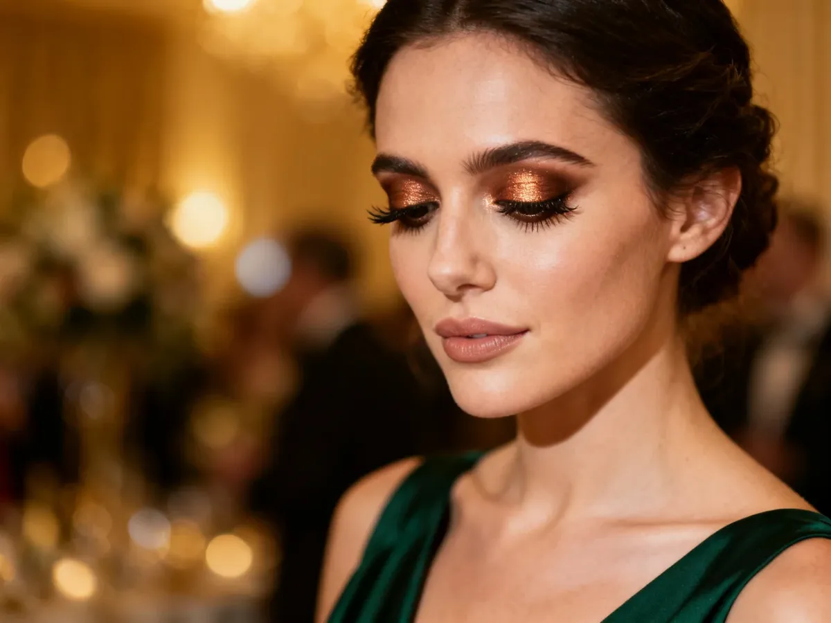 Wieczorowy makijaż smoky eyes do ciemnozielonej sukienki