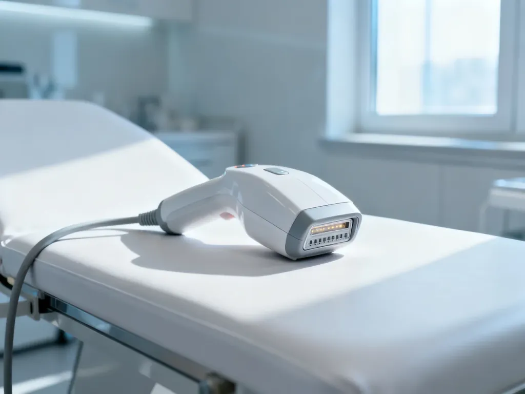 Głowica nowoczesnego lasera do depilacji spoczywająca na czystym stole zabiegowym w profesjonalnym gabinecie medycyny.