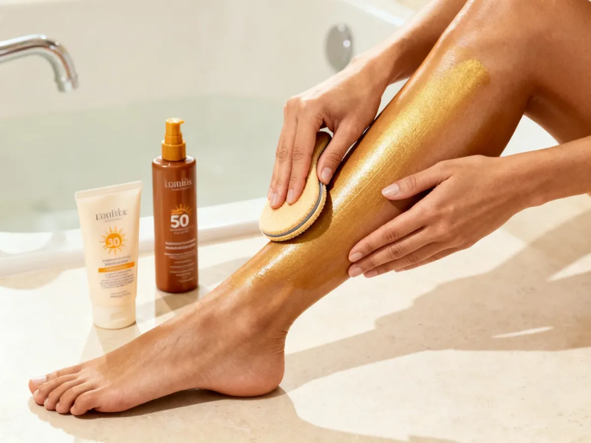Careful self-tanner application with sunscreen and moisturizer nearby