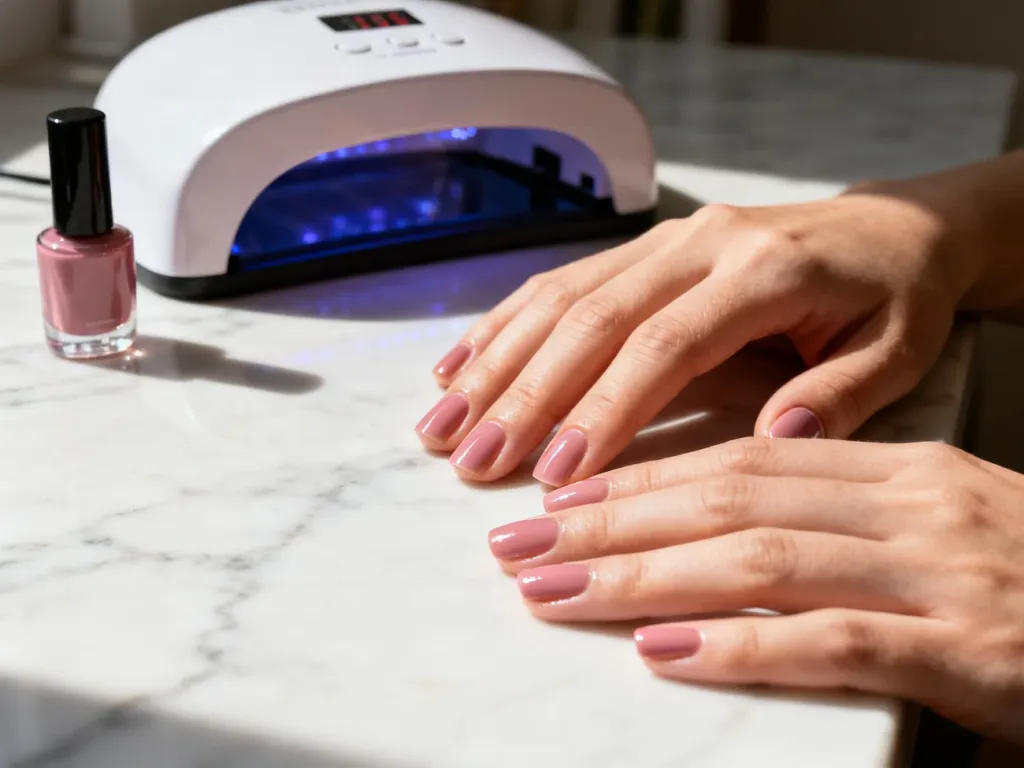 Zadbane dłonie z lśniącym manicure hybrydowym na marmurowym blacie w otoczeniu akcesoriów do pielęgnacji paznokci.