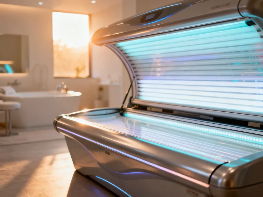 Nowoczesne łóżko opalające w jasnym, profesjonalnym studio spa, gotowe do bezpiecznego korzystania z solarium.