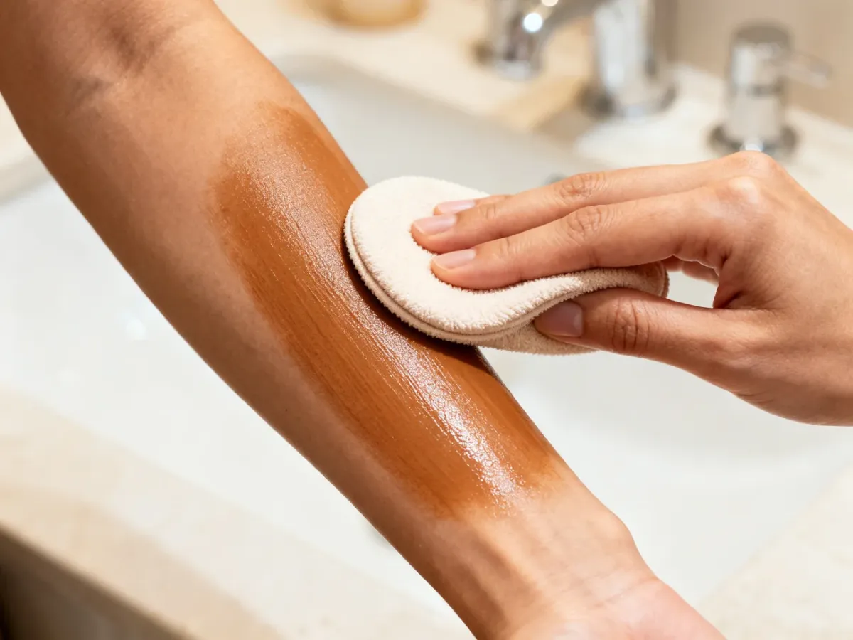 A person evenly applying self-tanning lotion with an applicator mitt