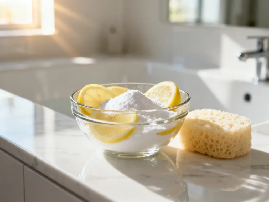 Plasterki cytryny, soda oczyszczona i gąbka do peelingu na marmurowym blacie – domowe sposoby na usunięcie samoopalacza.
