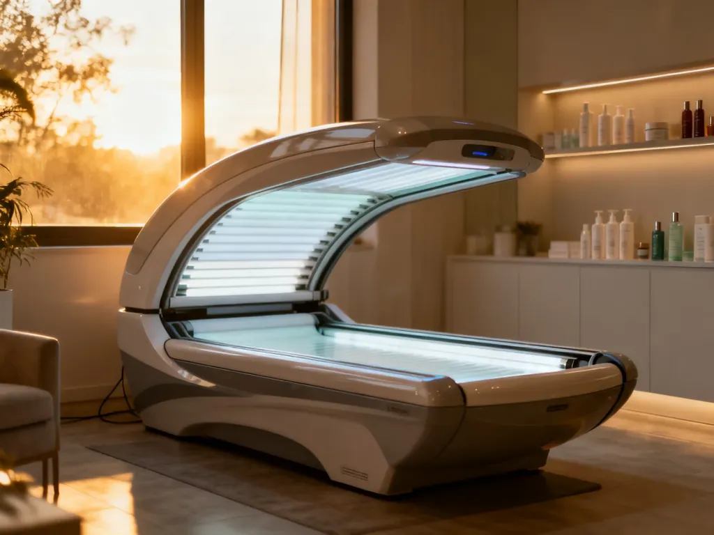 Nowoczesne wnętrze profesjonalnego solarium z łóżkiem opalającym w ciepłym, relaksującym oświetleniu.