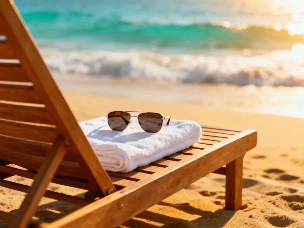 Drewniany leżak z ręcznikiem i okularami przeciwsłonecznymi na tle słonecznej plaży i turkusowego morza.