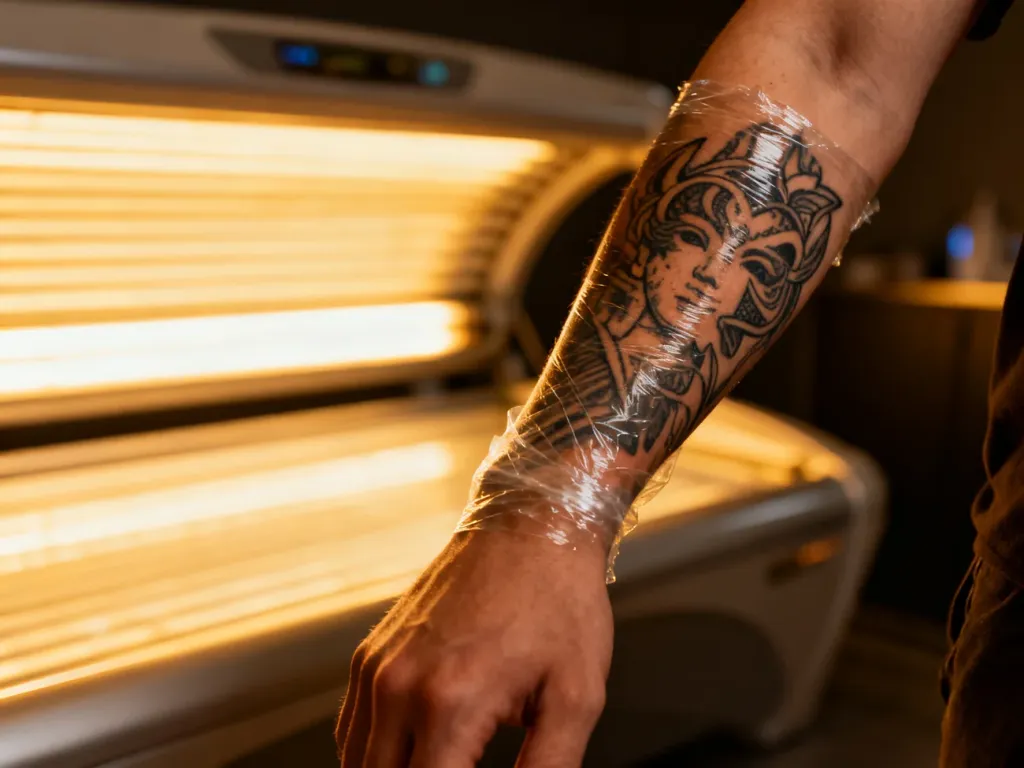 Świeżo wykonany tatuaż zabezpieczony folią na tle wnętrza solarium, podkreślający konieczność ochrony skóry przed słońcem.
