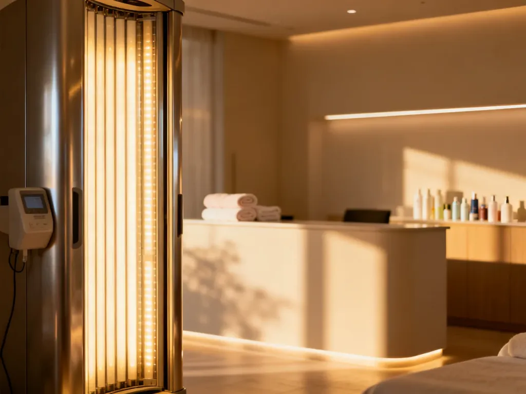 Nowoczesne wnętrze solarium z profesjonalną kabiną opalającą i strefą relaksu w ciepłym, przytulnym oświetleniu.