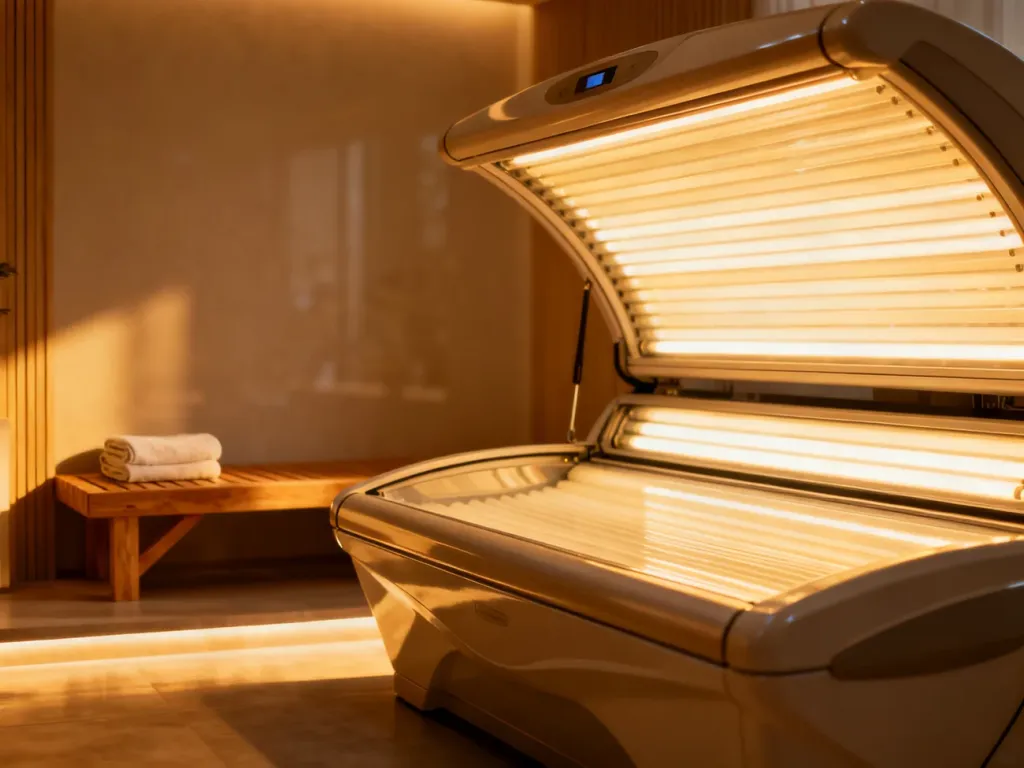 Nowoczesne łóżko opalające w przytulnym i minimalistycznym wnętrzu profesjonalnego salonu solarium.
